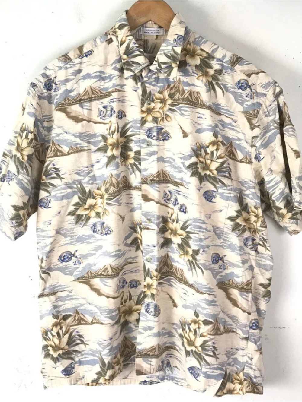 Vintage Pierre Cardin Hawaiian Shirt Mens Large L Floral Fish Print Hawaiian